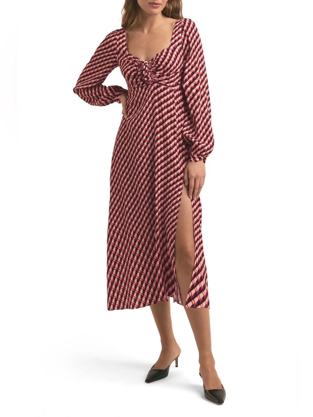 $288 Favorite Daughter The Vineyard Geo Print Long Sleeve Midi Dress houndstooth